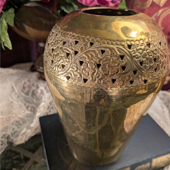 9.5" Tall Vintage Pierced Floral Design Solid Brass Vase, Handmade in India - Picture 6 of 8